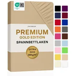 Jacobson Spannbettlaken PREMIUM 200 g/m2 Jersey aus 97% Baumwolle & 3% Elasthan, Extra dichtes Bettlaken mit maximalem Halt beige|braun 180 - 200 cm x 220 cm