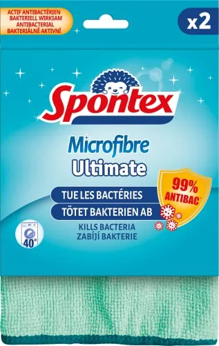 Spontex - Mikrofaser Ultimate – 2 Reinigungstücher – entfernt 99% der aufgenommenen Bakterien