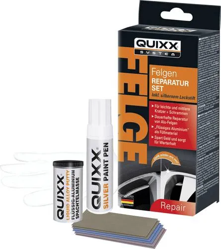 Quixx Wheel Repair Kit - Felgen Reparatur-Set für silberne Felgen - Effektives Reparatur-Set für leichte bis mittlere Kratzer in Alu-Felgen. Mit innovativer Liquid-Aluminium-Technology erzielen Sie professionelle Ergebnisse und erhalten den Wert Ihres Fahrzeugs. Komplett-Set für einfache Anwendung.
