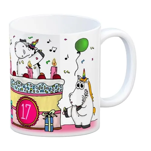 Kaffeebecher mit Einhorn Geburtstagsparty Motiv zum 17. Geburtstag Tasse Kaffeetasse Becher mug Teetasse Büro Unicorn Einhorngeschenk lustig witzig Spruch Einhorntasse kuscheln niedlich Torte Party