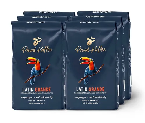 Tchibo Privat Kaffee Latin Grande - 6 x 500 g Ganze Bohne - Genießen Sie den Privat Kaffee Latin Grande aus 100% Arabica-Bohnen in einer praktischen 6er-Packung. Der ausgewogene Geschmack mit zarter Schokoladennote sorgt für ein besonderes Kaffeeerlebnis.