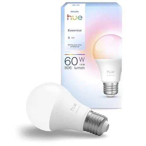 Philips Hue Essential Smart LED A60 Glühbirne E27, dimmbar, 806 lm, kompatibel mit Alexa & Google Assistant - Erleben Sie smarte Beleuchtung mit der Philips Hue A60 Glühbirne. Dimmbare Helligkeit und über 16 Millionen Farben für jede Stimmung – einfach per App oder Sprachsteuerung anpassbar.