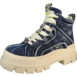 Buffalo Damen Ankle Boots ASPHA NC MID Blau - Vegan und Stylisch - Die veganen Buffalo Ankle Boots ASPHA NC MID in Blau aus stone washed Denim bieten optimalen Tragekomfort und eine stylische Optik. Ideal für entspannte Freizeitlooks oder modische Kontraste.