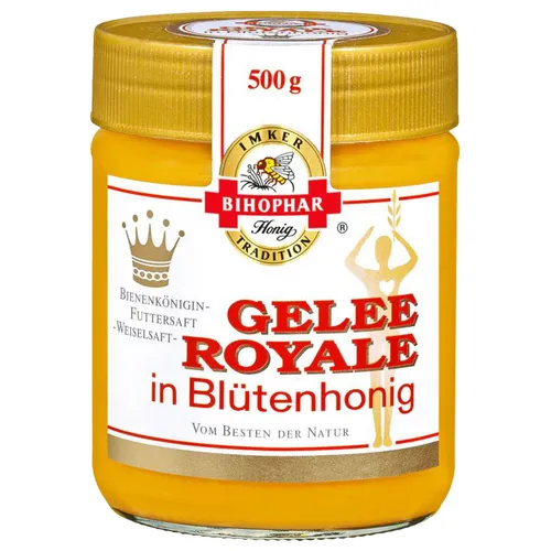 BIHOPHAR Gelee Royale in Blütenhonig 500 g - Brotaufstrich mit wertvollem Gelee Royale, eingebettet in zarten Blütenhonig – für einen einzigartigen Geschmack und hohe Qualität durch dreifache Prüfung.