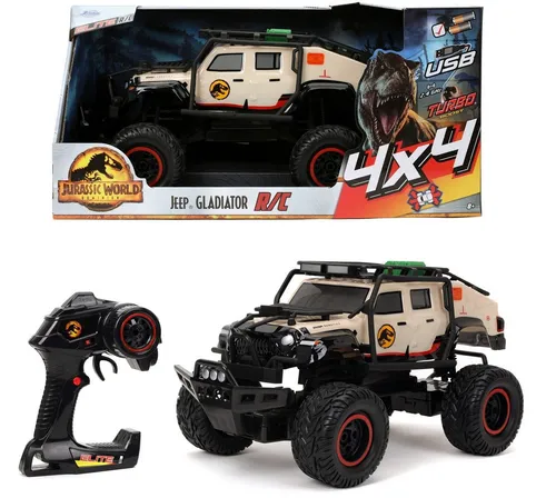 JADA Jurassic World RC 4x4 Jeep Gladiator 1:12 R/C Spielzeugauto - RC-Modelle mit 4-Rad-Antrieb, beeindruckende Geschwindigkeit von bis zu 12 km/h und USB Ladefunktion für ununterbrochenen Spielspaß!
