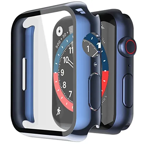 Misxi Hard Hülle mit Glas Displayschutz Kompatibel mit Apple Watch Series 9 Series 8 Series 7 41mm, Rundum Schutzhülle Schutz Case für iWatch S9/S8/S7, 2-Stück, 1 Blau + 1 Transparent