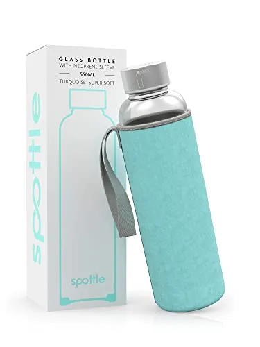 spottle Trinkflasche aus Glas 1l - Glasflasche 500ml - 750ml - 1 liter mit Neoprenhülle - Schutzhülle - Glastrinkflasche mit Schraubverschluss (Weicher Samt/Velour in Türkis, 550 ml)
