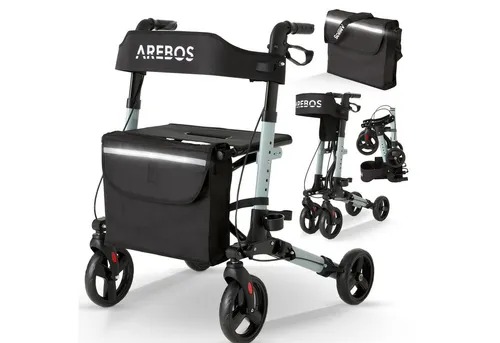 Arebos Leichtgewicht Rollator Aluminium - 6-fach höhenverstellbar, faltbar mit Stockhalter und abnehmbarer Einkaufstasche, ideal für unterwegs und komfortable Pausen