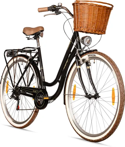 Bergsteiger Marseille 28 Zoll Damenfahrrad - Damen-Citybike im Retro-Design mit 6-Gang Shimano Tourney Schaltung, Rattan-Korb und dynamobetriebenem Licht – perfekt für stilvolle Ausfahrten in der Stadt.