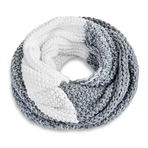 Neverless® Damen Loopschal Strickschal Schlauchschal Winterschal Grobstrick zweifarbig hellgrau-weiß