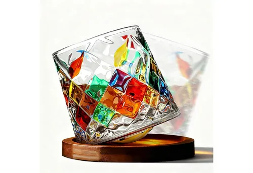 Fine Life Pro Glas Bunte Diamant-Muster Whiskybecher – 280 ml, 2-tlg., Stilvolles Design für besondere Anlässe - 2-tlg. Set aus Whiskybechern mit buntem Diamant-Muster, ideal für gesellige Abende und als dekoratives Highlight auf jedem Tisch.