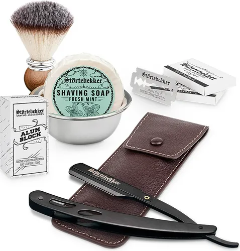 Rasierset - Rasiermesser Schwarz im Lederetui - Entdecke das hochwertige Rasierset für die traditionelle Rasur! Mit präzisem Rasiermesser, ergonomischem Griff und hochwertigen Utensilien für ein luxuriöses Rasurerlebnis. Ideal für gepflegte Bartkonturen und eine angenehme Anwendung.