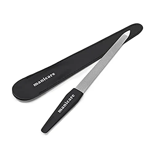 Manicare Saphir-Nagelfeile lang, zweiseitig mit grober und feiner Körnung für natürliche und künstliche Nägel, robust mit Schutzhülle – Maniküre & Pediküre für zuhause und unterwegs
