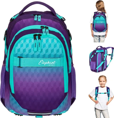 ELEPHANT Hero Signature Schulrucksack - Violet Cube 12868 - Wasserabweisender Schulrucksack mit ergonomischem Tragesystem, ideal für Schüler ab 8 Jahren. Ausgestattet mit Laptopfach und verstellbarem Brustgurt für optimalen Komfort.