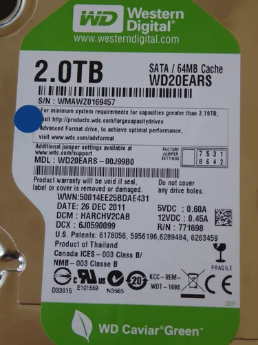 Western Digital WD20EARS-00J99B0 DCM: HARCHV2CAB 26 DEC 2011 WD Green 2TB