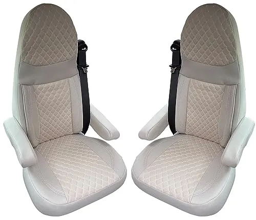 Beige Wohnmobil Schonbezüge für Aguti GIS Liner und Milan Sitze (GT405) - Sitzbezugset von BREMER SITZBEZÜGE, abwaschbar und ideal für den Schutz Ihrer Sitze im Wohnmobil, Vorderseite, aus strapazierfähigem Polyester.