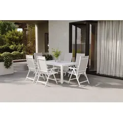 KETTLER Garten-Essgruppe, weiß matt/hellgrau, Aluminium/Glas/Outdoorgewebe, Ausziehtisch 180/240 x 100 cm, 6 Klappstühle