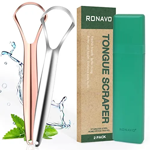 RONAVO Zungenschaber (2 Stück), Zungenreiniger Heilung von Mundgeruch (medizinische Qualität), Zungenschaber Edelstahl für Mundhygiene, Metall Tongue Scraper, Zungenbürste frischer Atem in Sekunden
