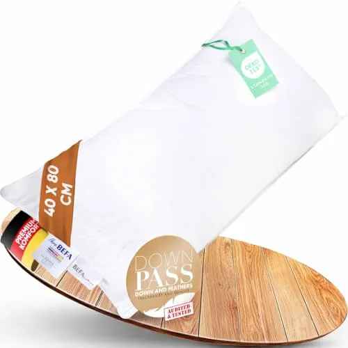BEFA NATUR Daunenkissen 40x80 cm | 3-Kammer Kopfkissen - Kissen mit 90% Daunen und 10% Federn, allergikerfreundlich und perfekt für alle Schlafpositionen. Hergestellt in Deutschland, Oeko-TEX Klasse 1, für höchsten Komfort und Hygiene.