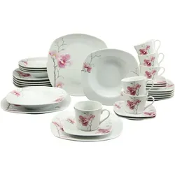 Creatable Kombiservice, 30-teilig, Weiß mit Blume - Elegantes 30-teiliges Geschirr-Set aus Keramik in Weiß mit floralem Design, ideal für stilvolle Tischdekorationen und unvergessliche Dinnerabende.