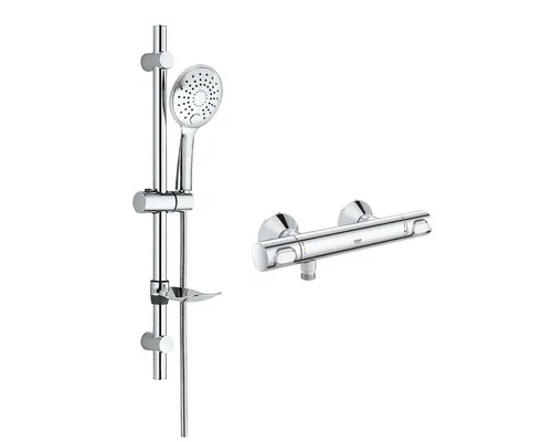 GROHE Precision Flow Duscharmatur mit Thermostat und Rain Bianco Regendusche - Komplett Duschsystem mit Thermostat für konstante Wassertemperatur. EcoButton für effizienten Wasserverbrauch und Sicherheit durch SafeStop-Funktion. Flexibel montierbar mit Handbrause und verschiedenen Strahlarten.