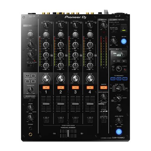 Pioneer DJ DJM-750MK2 DJ Mixer - Professionelle DJ-Konsolen mit 4 Kanälen, Magvel Crossfader für präzises Scratchen und kreative Effekte für beeindruckende Performances.