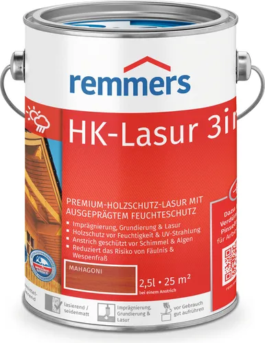 Remmers Holzlasur HK-Lasur 3in1, 2,5l - Mahagoni, wetterfest - Beizen für außen mit 3in1 Funktion: Imprägnierung, Grundierung und Lasur in einem. Schützt Holz vor Feuchtigkeit und UV-Strahlung, ideal für Zäune und Gartenhäuser.