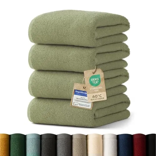 Blumtal Premium Frottier Handtücher Set 4 teilig 100% Baumwolle - Ultra saugstarkes Handtuch-Set in Grün - Erlebe den Komfort von 100% Baumwolle mit unserem 4-teiligen Premium Handtuch-Set! Die ultra saugstarken Handtücher sind waschbar bis 60°C und bieten ein kuscheliges Gefühl nach dem Duschen. Ideal für empfindliche Haut!
