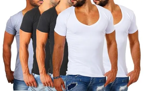 Young & Rich Herren Uni T-Shirt Basic Slimfit mit tiefem V-Ausschnitt – 5er Pack - Trendiges Basic T-Shirt mit extra tiefem V-Ausschnitt, ideal als Unterziehshirt. Die Slimfit-Passform und der Stretch sorgen für hohen Tragekomfort und optimale Anpassung an die Körpersilhouette.