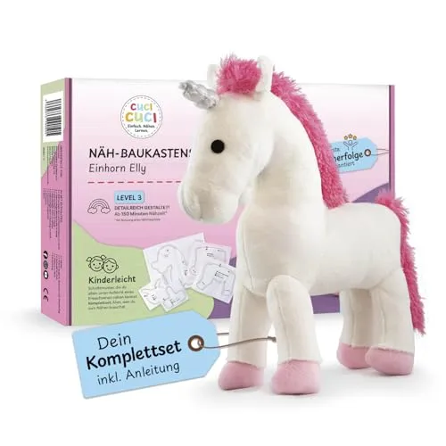 cuci cuci Kreativset Näh-Baukasten für Kinder - Einhorn Elly - Kreativkästen für Kinder, mit Schritt-für-Schritt-Anleitung und verschiedenen DIY-Leveln für garantierte Näherfolge und viel Spaß beim Nähen!