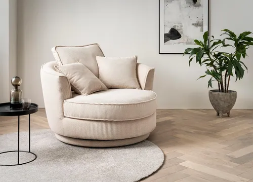Leonique Drehsessel MAISIE XXL - 360° drehbar - Sessel in hochwertigem MEGA CORD und Web-Velours, ideal für entspannte Leseecken. Mit 3 bequemen Zierkissen und einer maximalen Belastbarkeit von 150 kg.