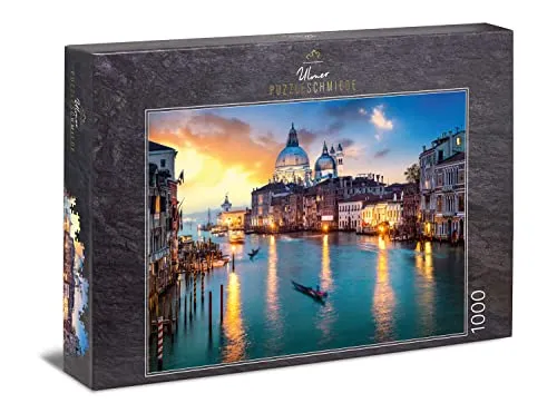 Ulmer Puzzleschmiede - Puzzle „Serenissima - Venedig“ – Klassisches 1000 Teile Puzzle – Puzzlemotiv Sonnenuntergang über dem Canal Grande in Venedig, Italien