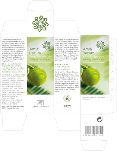 Classic Ayurveda - Bio Amla Serum - Naturkosmetik - 30 ml - Antioxidative Amla mit botanischem Hyaluron und Kurkumawurzel für intensive Feuchtigkeit