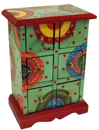 GURU SHOP Kleines Apothekerschränkchen, Schmuckkästchen, Handbemaltes Schubfachschränkchen - Modell 10, Mehrfarbig, 26x18x11 cm, Dosen, Boxen & Schatullen