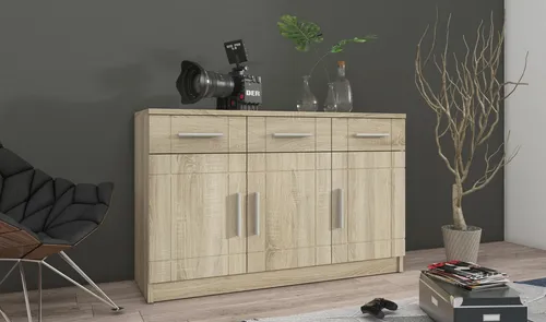 Kommode Sideboard PARIS 3F-3S - Stylische Kommode in Sonoma Eiche, perfekt für Wohnzimmer und Essbereich. Mit 3 Türen und 3 Schubkästen bietet sie viel Stauraum und überzeugt durch modernes Design.