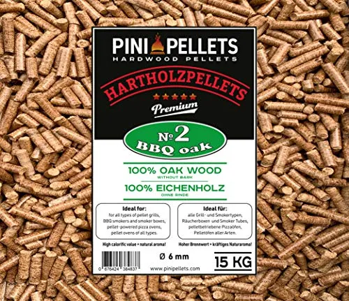 PINI Grillpellets 15 KG – Holzpellets 100% Eiche №2 zum Grillen, Räuchern, Smoken auch für pelletbetriebene Pizzaöfen