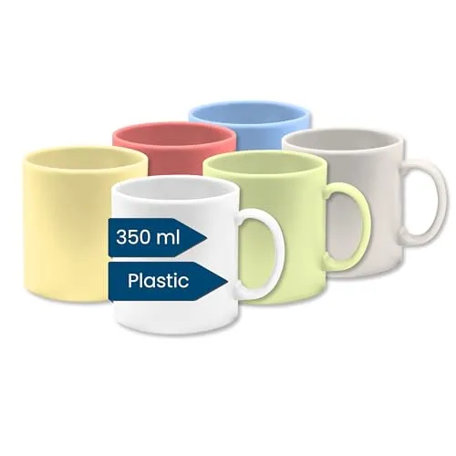 Kaffeebecher Kunststoff (6er Tassen Set, Groß, Bunt, 350ml) - Becher aus Plastik mit Henkel für Camping - Trinkbecher Kinder und Senioren (Mehrweg - BPA frei - Spülmaschinenfest - Für Mikrowelle)