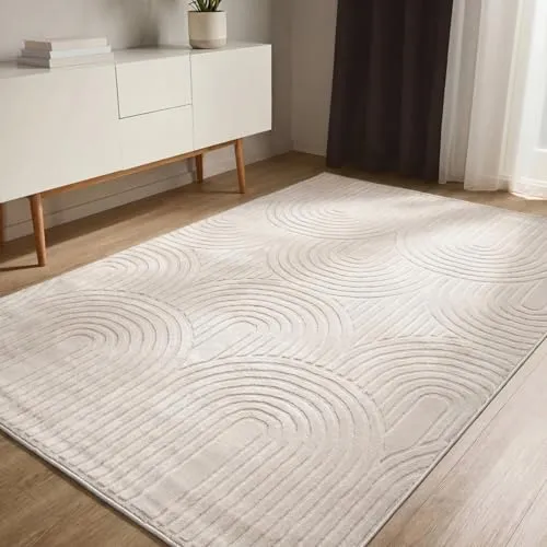 benuta Basic Teppich Claire - Creme 140x200 cm - Teppich im geometrischen Retro-Stil mit moderner Relief-Haptik, pflegeleicht und ideal für Räume mit Fußbodenheizung.