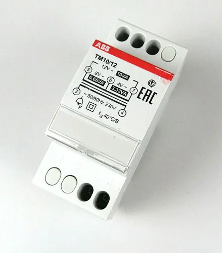 ABB Klingeltrafo TM10/12 - 12V Transformator - Türklingelanlage mit 12V AC Ausgang, ideal für zuverlässige Stromversorgung von Türsprechanlagen und Klingeln. Kompakt und einfach auf DIN-Schienen montierbar.