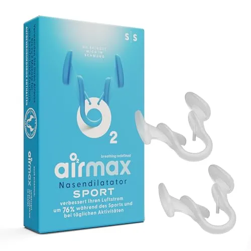 Airmax Sport Dilatatoren - Schnarchhilfen für Damen und Herren - Gesunder Schlaf mit Airmax Sport: Optimiert den Luftstrom um bis zu 176% für bessere Atemleistung beim Sport und reduziert die Herzfrequenz. Inklusive kostenloser Aufbewahrungsbox und in zwei Größen erhältlich.