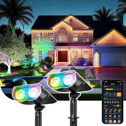 Linkind Smart RGB Solarleuchten – App Steuerung & Musik Sync, 16 Mio. Farben, MPPT Tech, IP67 Wasserdicht, Bunt Gartenstrahler für Garten, Patio, Party, 2 Stück
