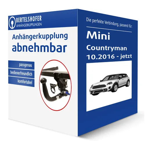 Abnehmbare Anhängerkupplung für Mini Countryman (10.2016 - jetzt) - Anhängerkupplung von TowCar, abnehmbar ohne Eintragung, ideal für flexible Nutzung. Montagezubehör inklusive, TÜV-Eintragung nicht notwendig.