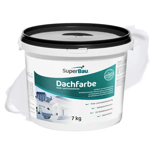 SuperBau Dachfarbe Weiß (7kg) - Wasserfeste Fassadenfarbe für optimalen Schutz - Dachbeschichtung für Blechdach, Bitumen und Schindeln, bietet wasserdichten Schutz vor Feuchtigkeit und Regen.