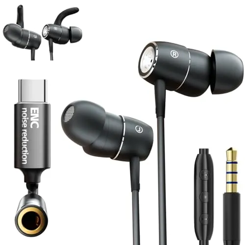 Wired Call Noise-Canceling Earbuds,Tiefem Bass In-Ear-Kabel kopfhörer mit Geräuschunterdrückung für Anrufe,(Abnehmbarer Sport-Ohrbügel)Kabel Ohrhörer mit Mikrofon,Bass Earphones (3.5mm+USB Typ C)