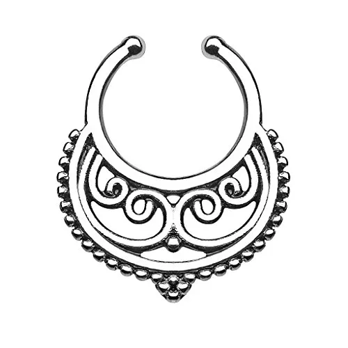 Piercingfaktor® Fake Piercing Universal Ring Septum Vintage Tribal Halbmond mit Ringen Nasen Lippen Helix Ohr Intim Tragus Nippel Hufeisen Horseshoe Lippenbändchen Silber