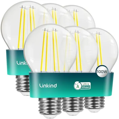 Linkind Ultraeffiziente E27 Lampe Vintage, 7,2W=100W, 2700K Warmweiß mit Energie Klasse-A, 1521 Lm 320° E27 Energiesparlampe A60, Klar, 6 Stück