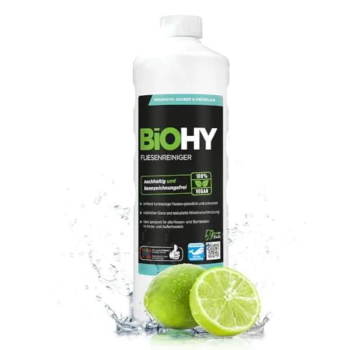 BiOHY Fliesenreiniger (1l Flasche) | Bio Reiniger für Wand- & Bodenfliesen aller Art | Intensiver Kalkentferner | Streifenfreie Reinigung für Wohnzimmer, Küche & Bad | Innen & Außenbereich