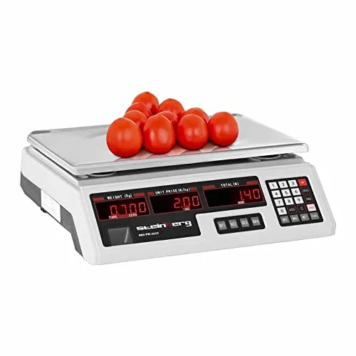 Steinberg Systems Kontrollwaage 40 kg - Präzise 2 g Messung mit LED-Display - Industriewaage mit 40 kg max. Wiegekapazität und 2 g Genauigkeit. Ideal für Geschäfte und Apotheken, sofort einsatzbereit mit sieben Speicherplätzen und gut lesbarem LED-Display.