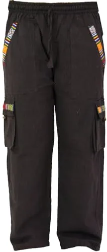 GURU SHOP Yogahose, Goa Hose im Ethnostyle - Schokobraun - Yoga-Hosen für Herren aus weicher Baumwolle, mit elastischem Bund und einzigartigen nepalesischen Webbordüren für einen besonderen Ethnostyle.