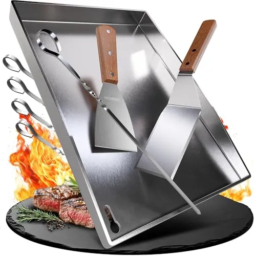 WILDGÅRD® Grillplatte - Plancha Grill Platte aus dickem & rostfreiem Edelstahl – 35 x 25 cm – für BBQ Gasgrill & Kohlegrill geeignet +PLUS: 2x Grillspachtel & 5x Spieße